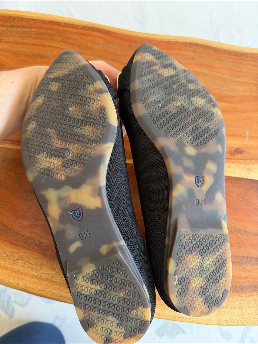 Rothy's Black Pointed Flat with Gold Buckle Accent and Blue Trim - Picture 2 of 3